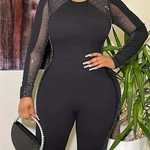 1XL(14) Sexy Party Suit, Solid Contrast Mesh Rhinestone Long Sleeves Jumpsuit.